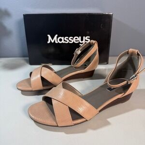 Massys Women Beige Wide Width Wedge Sandals Size 6.5W Ankle Strap